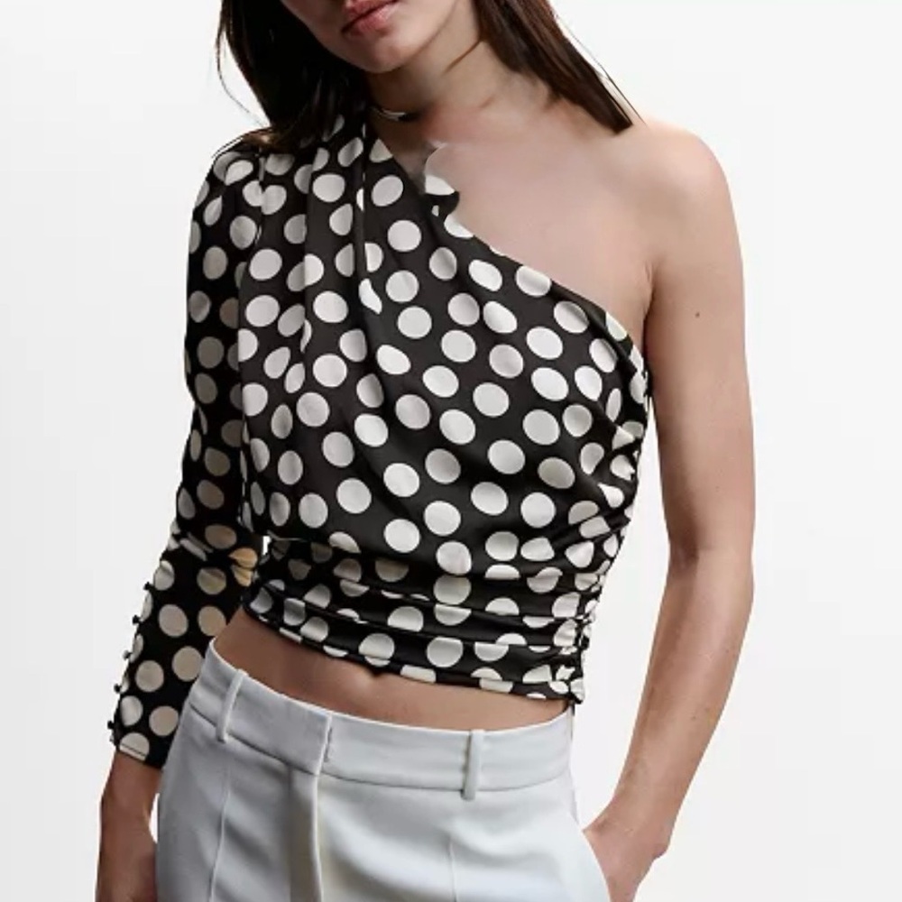 MANGO MNG New Asymmetrical Polka Dot One Sleeve Crop Blouse Top Sz Medium